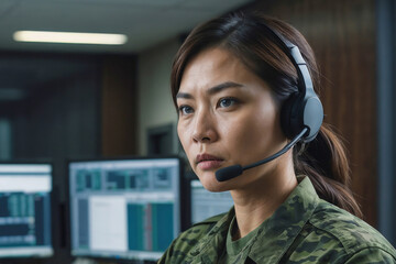 Wall Mural - Asian female military surveillance officer in headset working in the central army office for cyber operations. Technology and Army communications