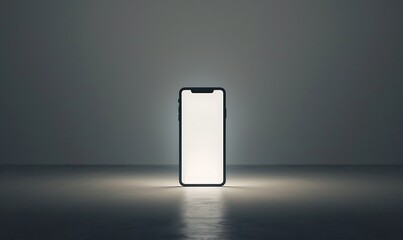 Poster - a scene where a handphone mock-up stands out against a white screen in a minimalist studio setup