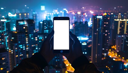 Poster - handphone mock-up against a backdrop of city lights, emphasizing the blank white screen