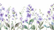 Seamless border watercolor spring flowers. Coppice, hepatica - first spring flowers. Spring lily of the valley Illustration of delicate lilac flowers. Hand drawn texture with white and violet flowers
