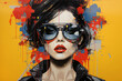 Modern artwork featuring a woman with intense gaze, adorned in oversized sunglasses and surrounded by colorful paint drips