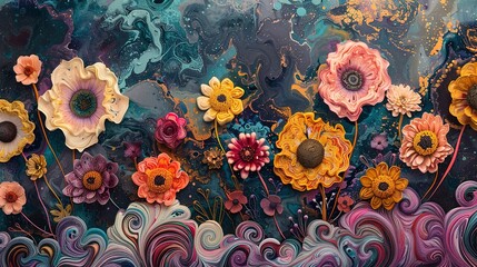 Poster - Close-up of psychedelic florals against an abstract background, showcasing swirling colors and trippy patterns. 