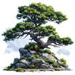 majestic pine tree perched atop a rocky cliff, with its branches elegantly sweeping across the sky