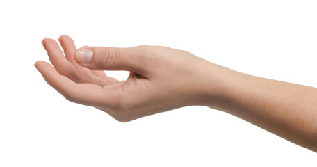Wall Mural - woman holding something in hand on white background, closeup