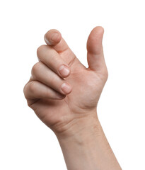 Wall Mural - man holding something in hand on white background, closeup