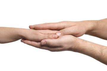 Wall Mural - Man and woman holding hands together on white background, closeup