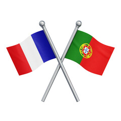 Crossed flags of France and Portugal isolated on transparent background. 3D rendering