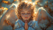 portrait of toddler angel or little boy praying with eyes closed, peaceful, golden hour, sweetheart