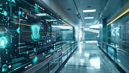 Wall Mural - A futuristic hospital hallway with a large screen displaying a fingerprint