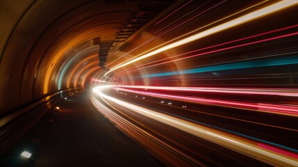 Dynamic capture of light trails in a tunnel, illustrating the effect of motion and speed with bright red and white streaks against a dark background.