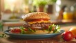 A cheeseburger with lettuce, tomato, and cheese on a sesame bun, served on a blue plate with a warm, blurred kitchen background.