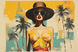 Fototapeta Lawenda - Fashionable woman in floral swimsuit and big hat, wearing large sunglasses. Tropical abstract background with palm trees