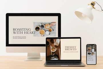 digital device set, minimal workspace, showing coffee shop website