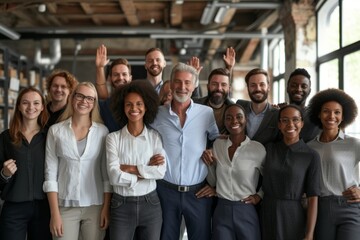 Portrait of happy diverse business team standing together in modern office. Multiethnic group of business people standing together and smiling