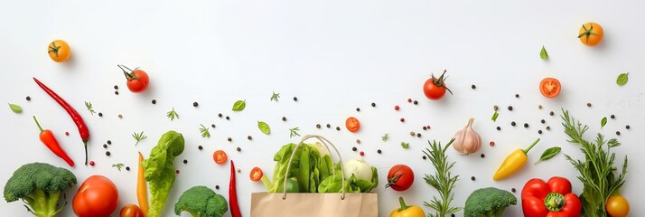 Poster - A paper shopping bag filled with vegetables on a white background, presented as a flat lay. The bag is filled with fresh and colorful produce, surrounded by ingredients floating in the air.