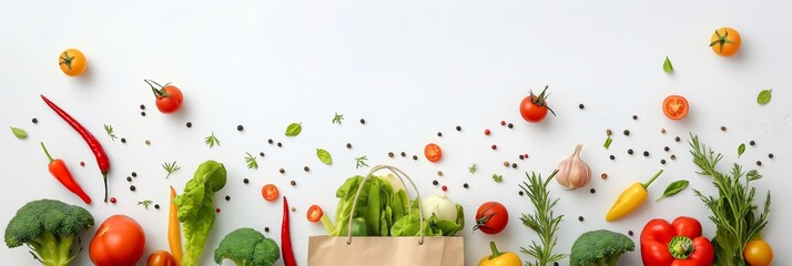 A paper shopping bag filled with vegetables on a white background, presented as a flat lay. The bag is filled with fresh and colorful produce, surrounded by ingredients floating in the air.