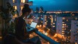 © Sasint - An evening scene of a person working remotely on a balcony overlooking a cityscape, their laptop illuminated by soft lighting, capturing the flexibility of remote work hours.