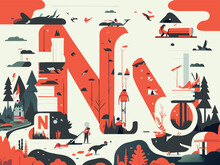 A Cover Image, The Visual Elements Are A Pile Of Books, A Letter N, And The Scene Is In A Forest