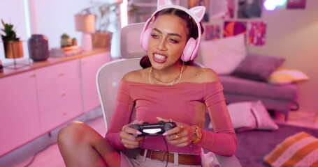 Canvas Print - Headphones, gaming and woman chat in home with esports about challenge in online video game. Happy, gamer and girl relax in house streaming, talking and playing in virtual rpg competition or contest