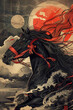 black horse with red bandana, japanese clouds and sun in background, fantasy art style, detailed illustration, fantasy drawing