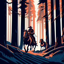 In The Woods Les Benjamins Style 2 Galloping Horses, Vector Illustration Flat 2