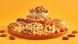 A dynamic arrangement of highprotein snacks like Greek yogurt and mixed nuts set against a solid orange background perfect for highlighting nutritious snack options