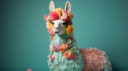 A charmingly updated llama pinata embellished with floral motifs and soft pastel hues set against a solid green background ideal for garden parties or spring events