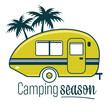 Camping trailer camper caravan and palmtrees vintage retro