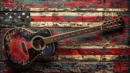 Wall Mural - American Flag Acoustic Guitar on Faded Red White and Blue Wood Background for Memorial Day, 4th of July, Labor Day Concept - AI Generated Image