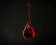 A single drop of red liquid hangs in midair against a black background.