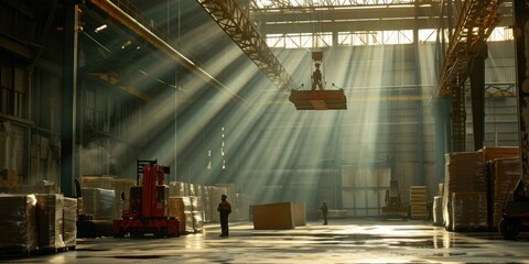 Wall Mural - Photo of professional warehouse worker with safety helmet checking at robot carrying industrial material. Skilled construction engineer working and guiding machine with crane moving product. AIG42.