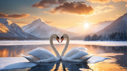 swans lover in an ice lake. romantic valentine background.