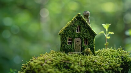 green macro house with moss texture on moss surface