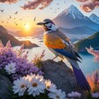 a stunning digital artwork featuring Leke adorned with colorful birds and delicate flowers, capturing the essence of beauty and nature.