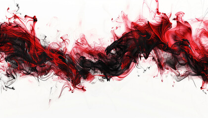 Wall Mural - abstract background, thick line of black and red smoke like clouds of ink on a white background, wide 16:9