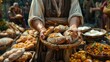 With hands outstretched, Jesus offers bread and fish to a hungry crowd, His abundance a symbol of divine provision.