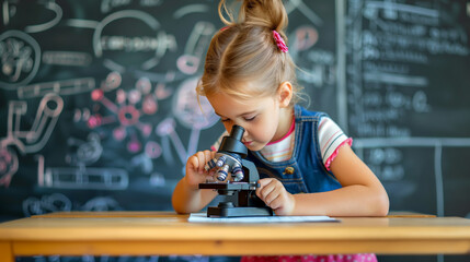 A young girl using a microscope for study in a classroom, sharp focus on learning and education, Generative AI