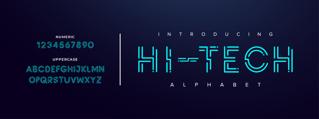 Hitech Creative simple modern urban alphabet font. Digital abstract futuristic, logo, music, sport, minimal technology typography. Simple numeric vector illustration