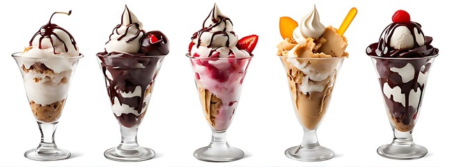 Set of Sundae sundaes ice cream frozen dessert in tulip glass cup cutout, Many assorted different flavour Mockup template for artwork design 