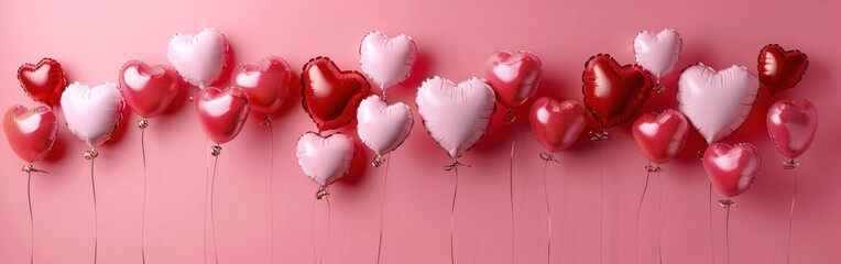 Wall Mural - Love is in the Air: Red and Pink Heart Balloons on Flat Lay Pink Background - Perfect for Valentine's Day!