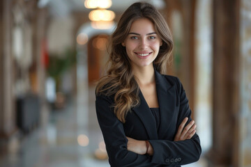 Brunette businesswoman wearing black suit standing in modern office