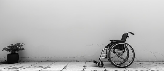 Wheel chair in room near gray concrete wall with light. Health care and disability people concept. Copy space empty blank for text. 3d illustrations background