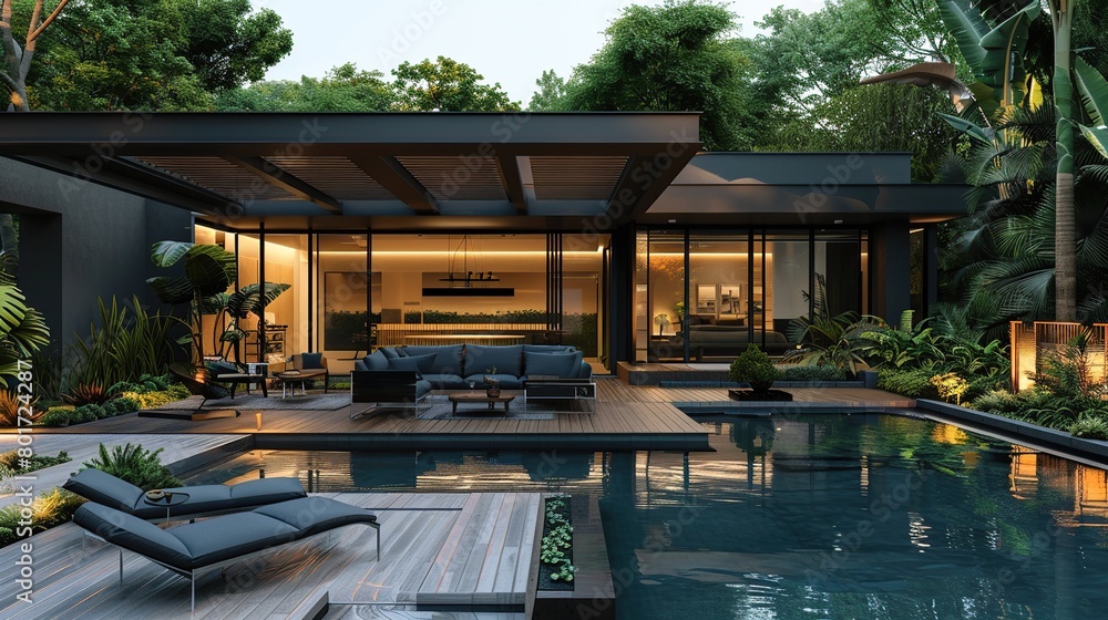 Interior design of a luxurious outdoor garden in the morning, with teak ...
