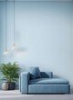  Livingroom or business hall scene light pastel color. Lounge room - blue sky paint and velor. Empty wall blank - navy background and pale tone loveseat. Luxury modern home design interior. 3d render 
