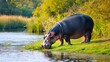 A hippopotamus grazing on grass at the edge of a river