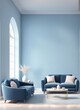  Livingroom or business hall scene light pastel color. Lounge room - blue sky paint and velor. Empty wall blank - navy background and pale tone loveseat. Luxury modern home design interior. 3d render 