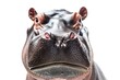 Captivating close-up of a hippopotamus's face against a pristine white background