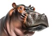 A close-up portrait of a hippopotamus against a white background