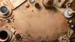 © Domingo - Vintage coffee-themed wallpaper with a top-down view of cups, natural and ground coffee beans, and old papers in the background with handwritten letters and maps with blank space in the center.