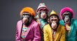 © Five Million Stocks - Creative animal concept. Group of ape in funky Wacky wild mismatch colourful outfits isolated on bright background advertisement, copy space. birthday party invite invitation banner